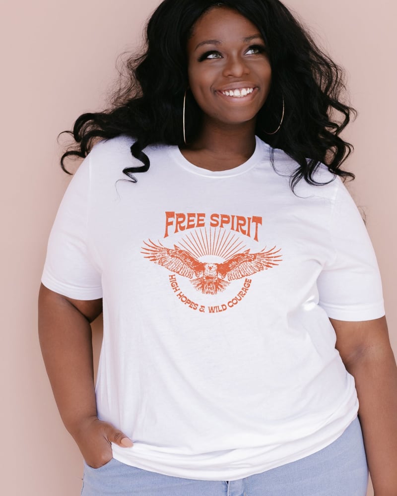 Front of a model wearing a size XL Free Spirit Distressed Eagle in White by Simply Sage Market. | dia_product_style_image_id:281281